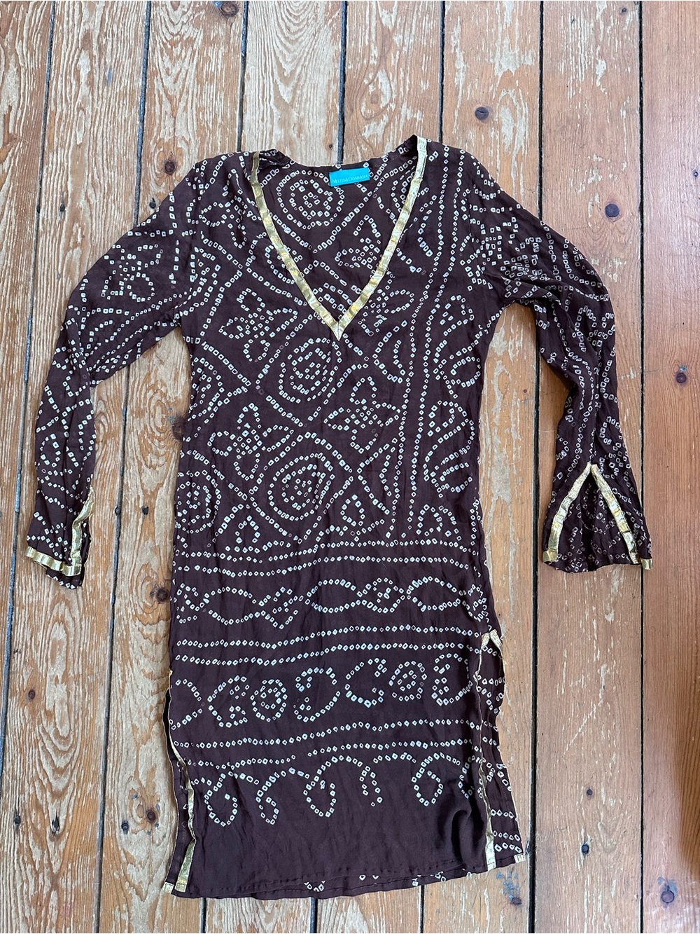 Melissa Odabash Brown Bandhani Print Gold Trim Resort Tunic Dress